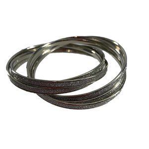 Set of 6 Intertwined Silver Tone Sparkle Bangles Bracelets Glitter